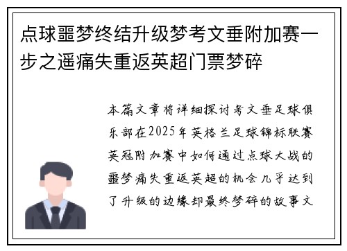 点球噩梦终结升级梦考文垂附加赛一步之遥痛失重返英超门票梦碎
